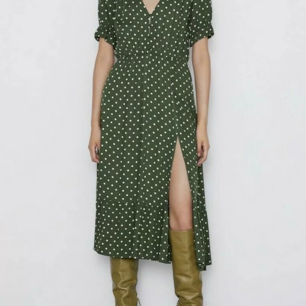 NWT Zara Green Midi Polka Dot Puff Sleeve Dress